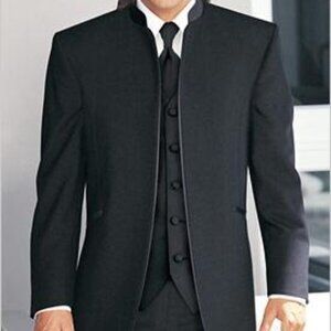 Men's Black Mandarin Nehru Collar Tuxedo Jacket with Satin Trim Formal Prom Gala